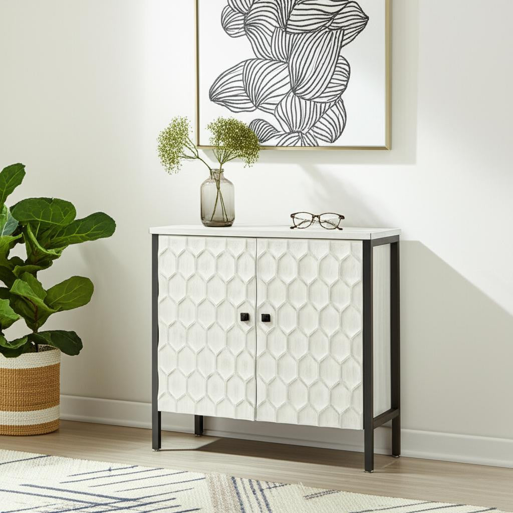 32" White and Gray Wood and Metal Carved Geometric Accent Cabinet With Two Doors
