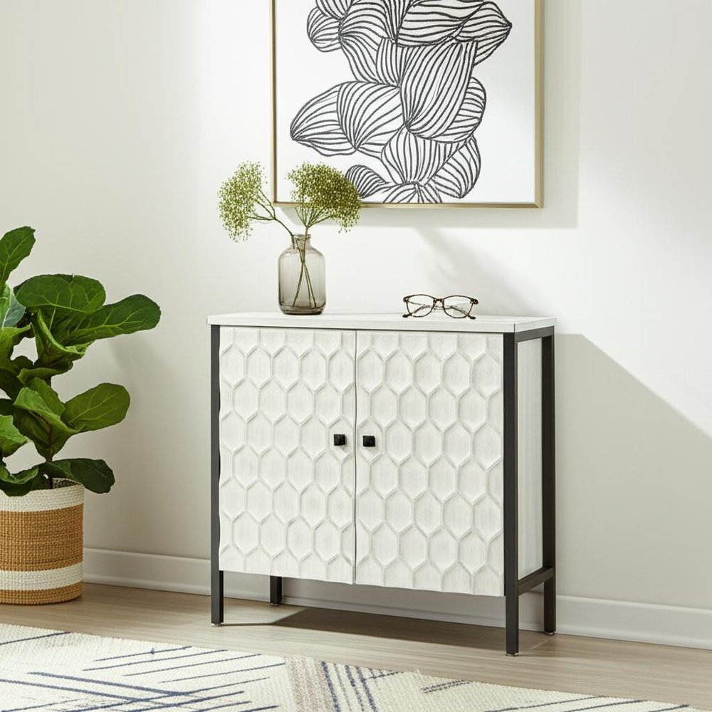 32" White and Gray Wood and Metal Carved Geometric Accent Cabinet With Two Doors