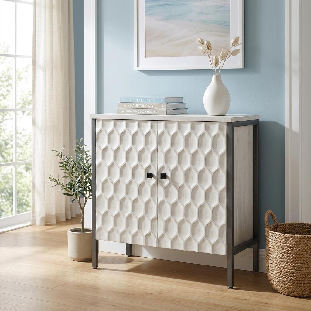 32" White and Gray Wood and Metal Carved Geometric Accent Cabinet With Two Doors
