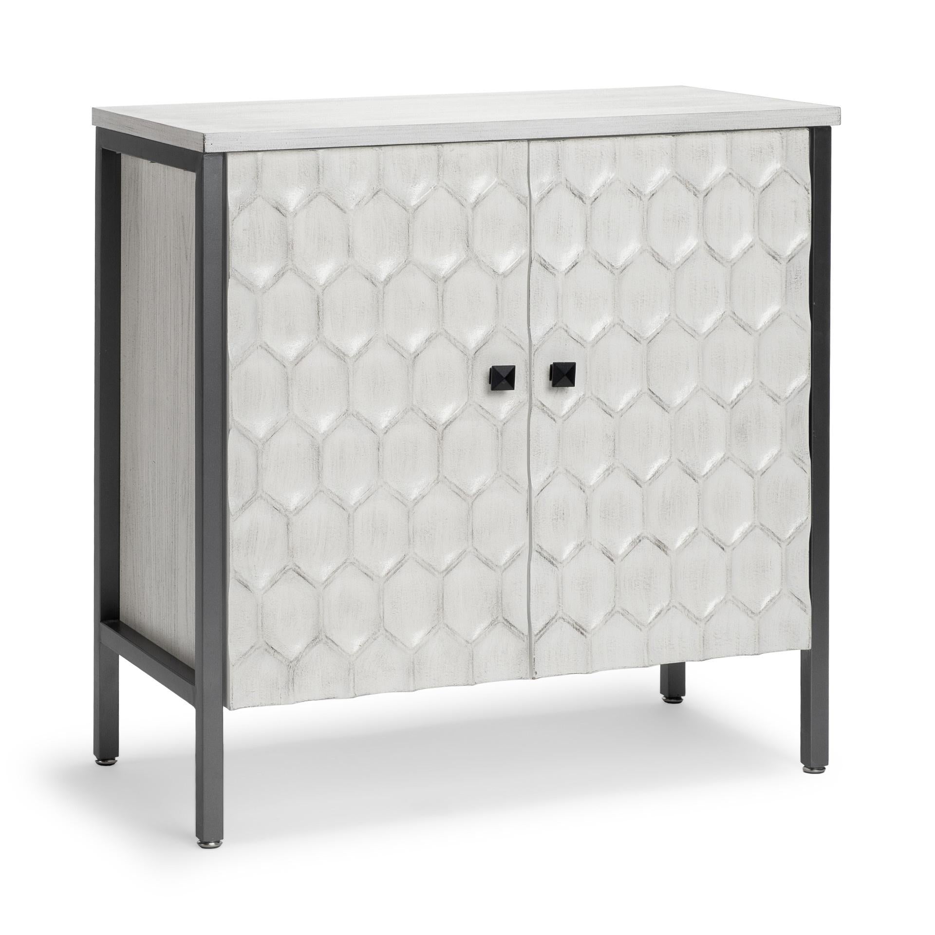 32" White and Gray Wood and Metal Carved Geometric Accent Cabinet With Two Doors