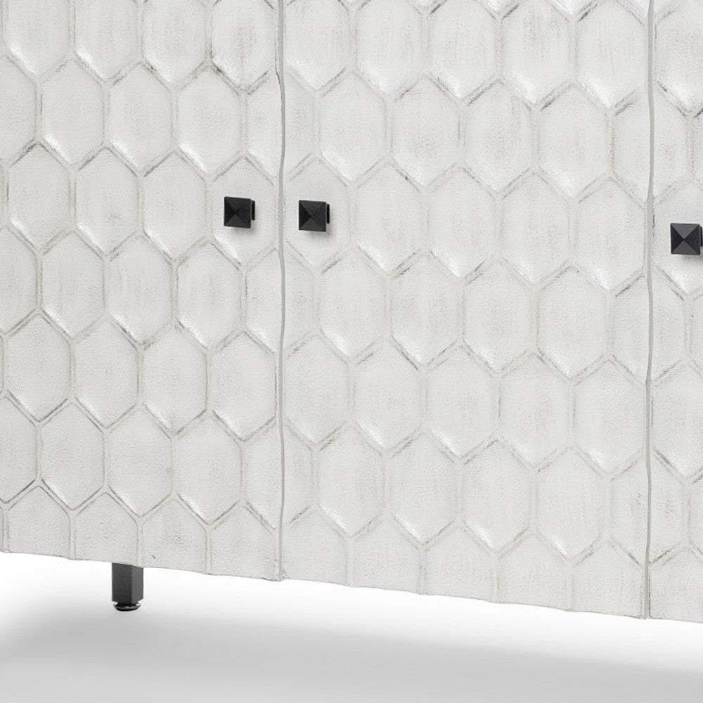 47" White and Gray Wood and Metal Carved Geometric Accent Cabinet With Three Doors
