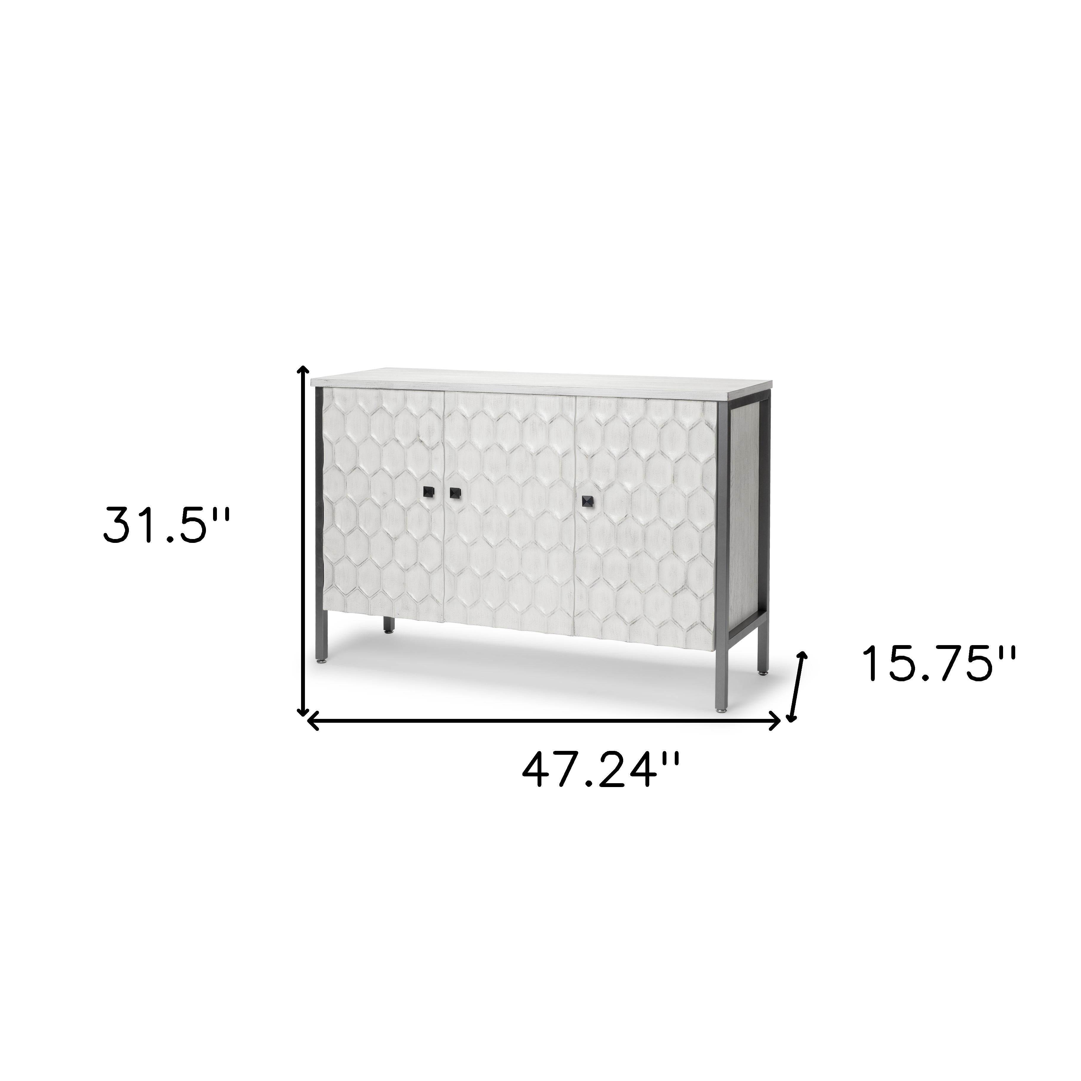47" White and Gray Wood and Metal Carved Geometric Accent Cabinet With Three Doors