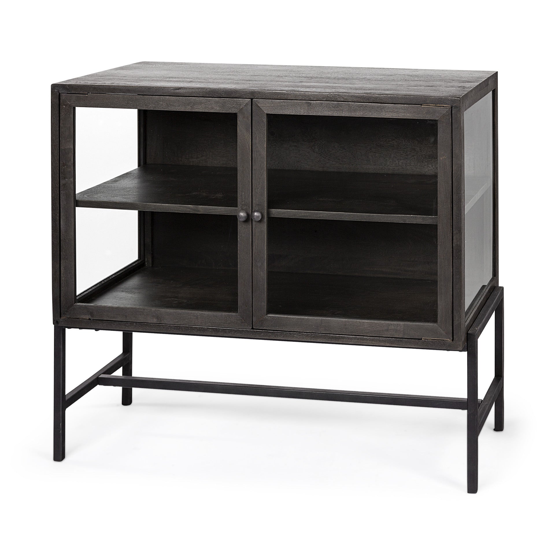 36" Brown and Black Solid Wood and Metal Display Cabinet With Two Doors