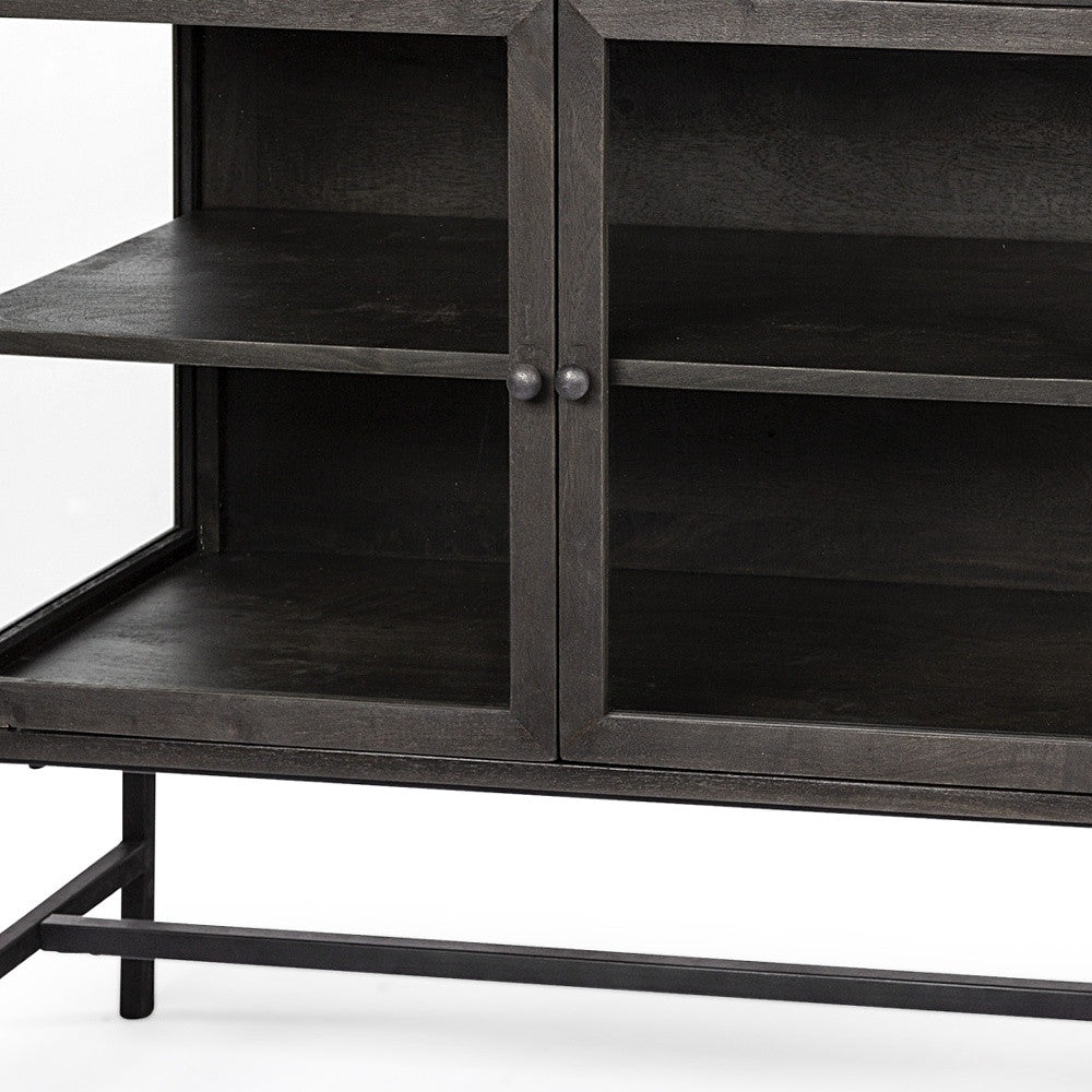 36" Brown and Black Solid Wood and Metal Display Cabinet With Two Doors