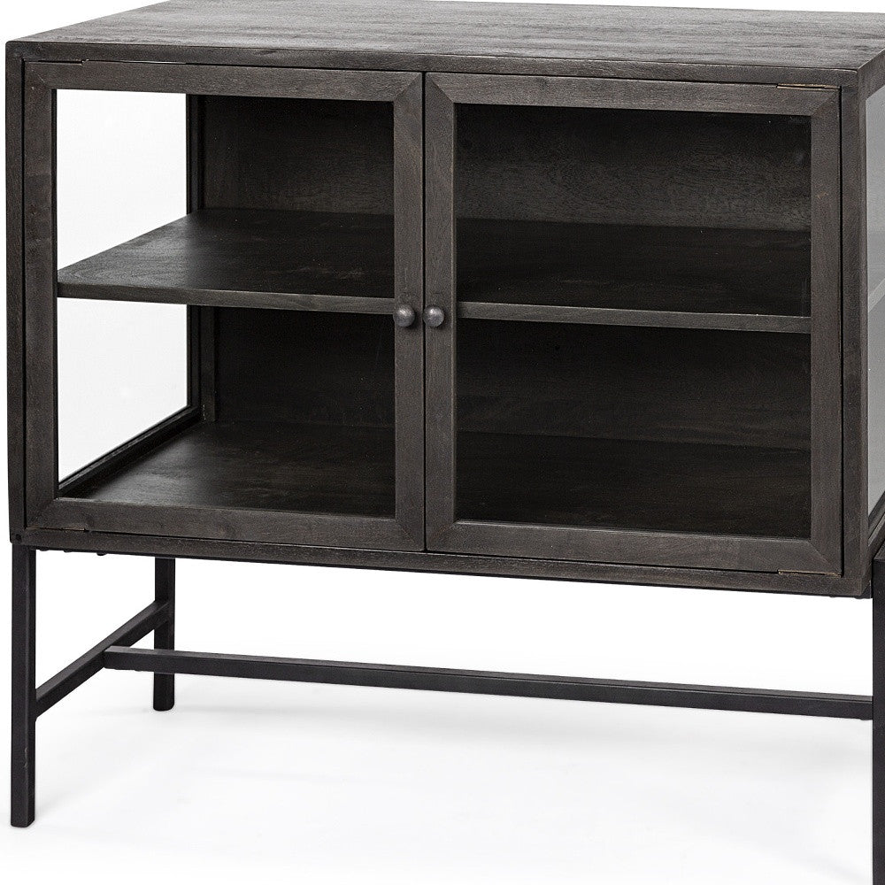 36" Brown and Black Solid Wood and Metal Display Cabinet With Two Doors