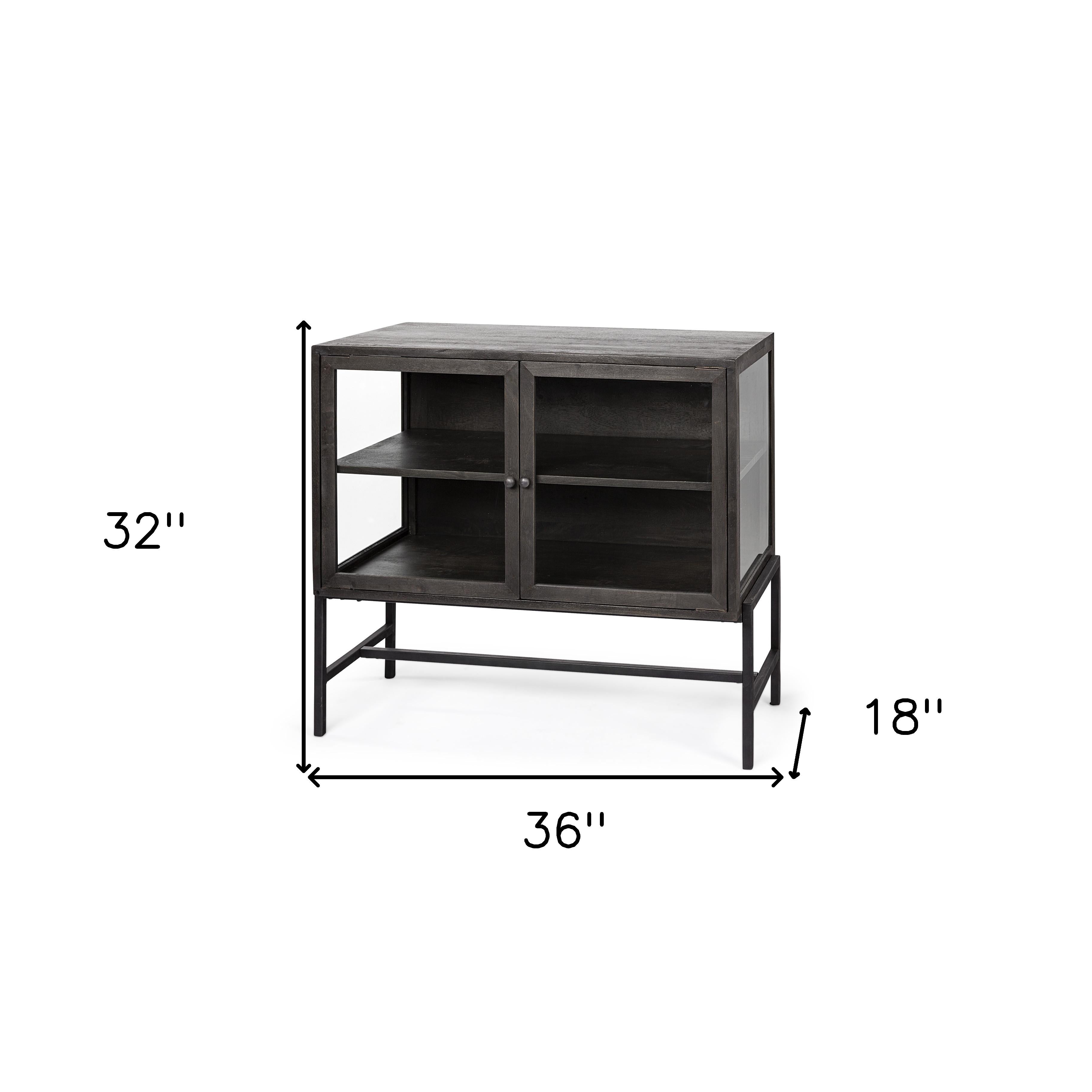36" Brown and Black Solid Wood and Metal Display Cabinet With Two Doors
