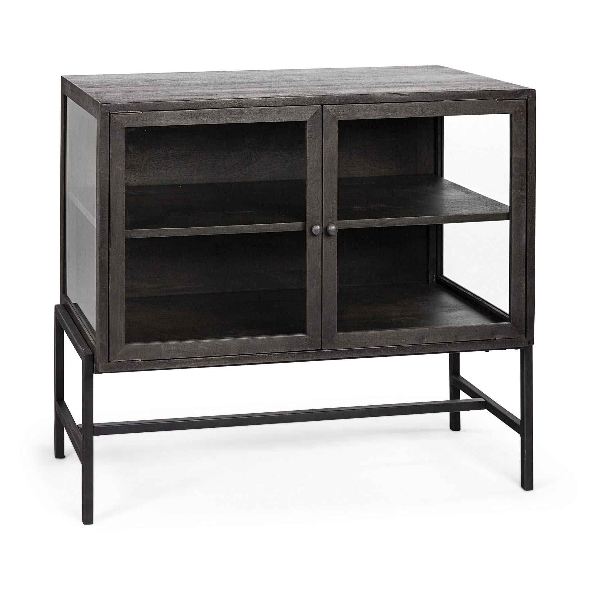 36" Brown and Black Solid Wood and Metal Display Cabinet With Two Doors