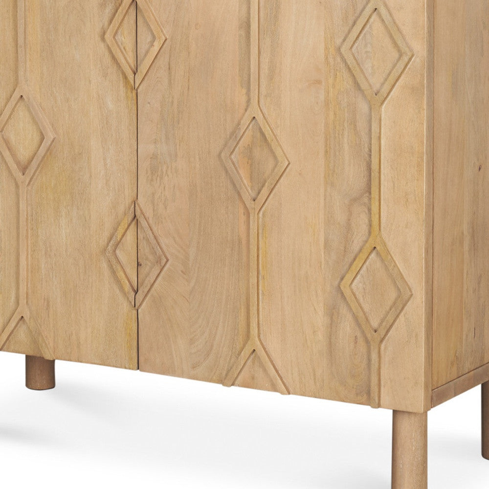 36" Natural Solid Wood Carved Geometric Accent Cabinet With Two Doors