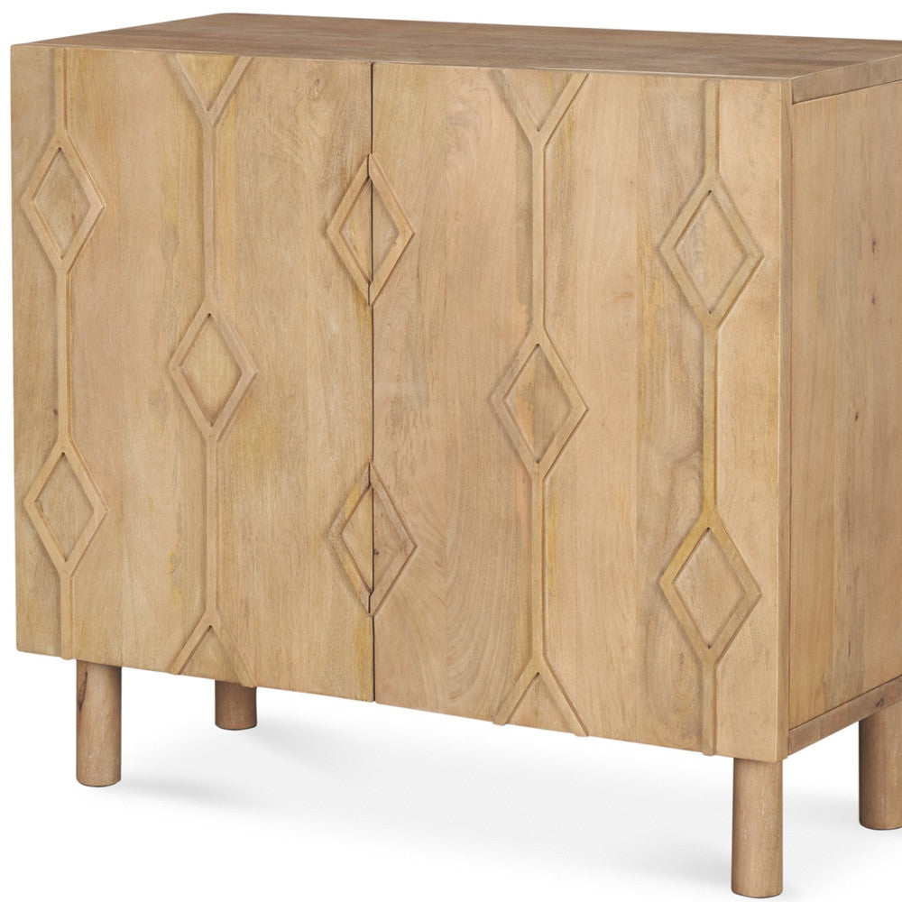 36" Natural Solid Wood Carved Geometric Accent Cabinet With Two Doors