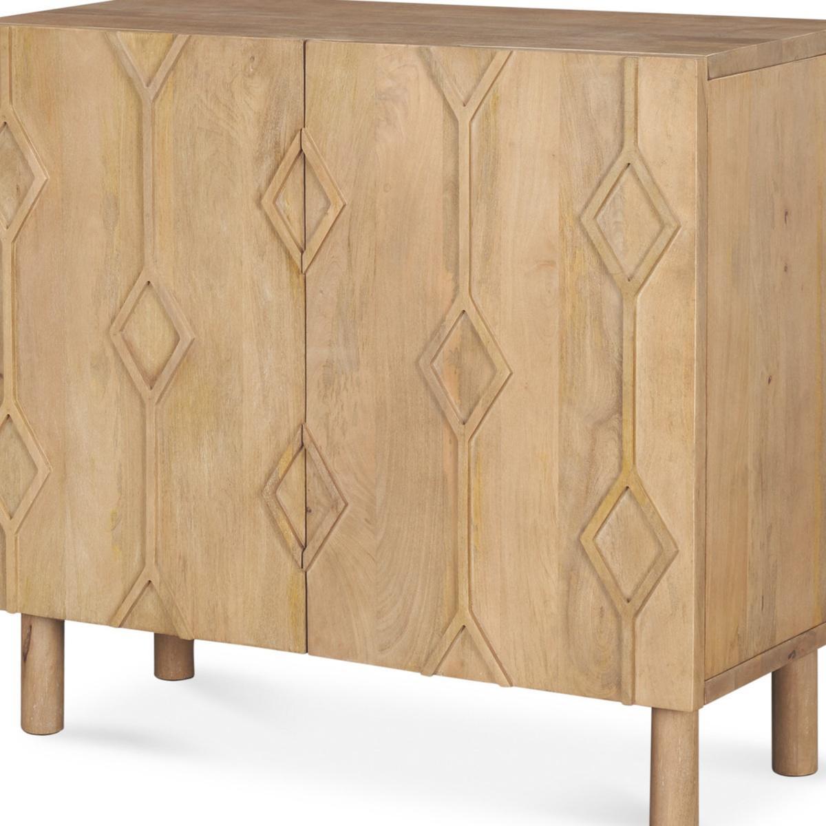 36" Natural Solid Wood Carved Geometric Accent Cabinet With Two Doors