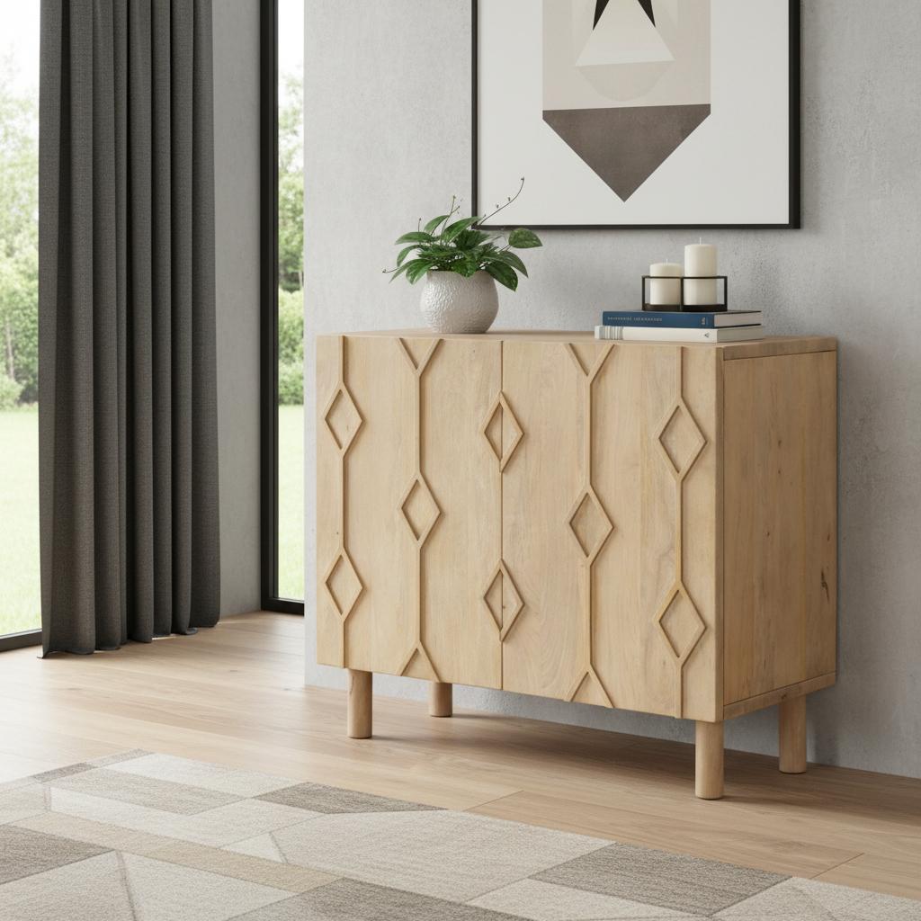 36" Natural Solid Wood Carved Geometric Accent Cabinet With Two Doors