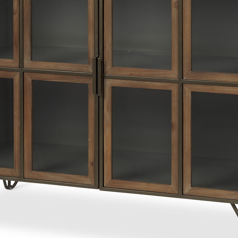 37" Antiqued Brass and Brown Metal and Solid Wood Accent Cabinet With Two Doors