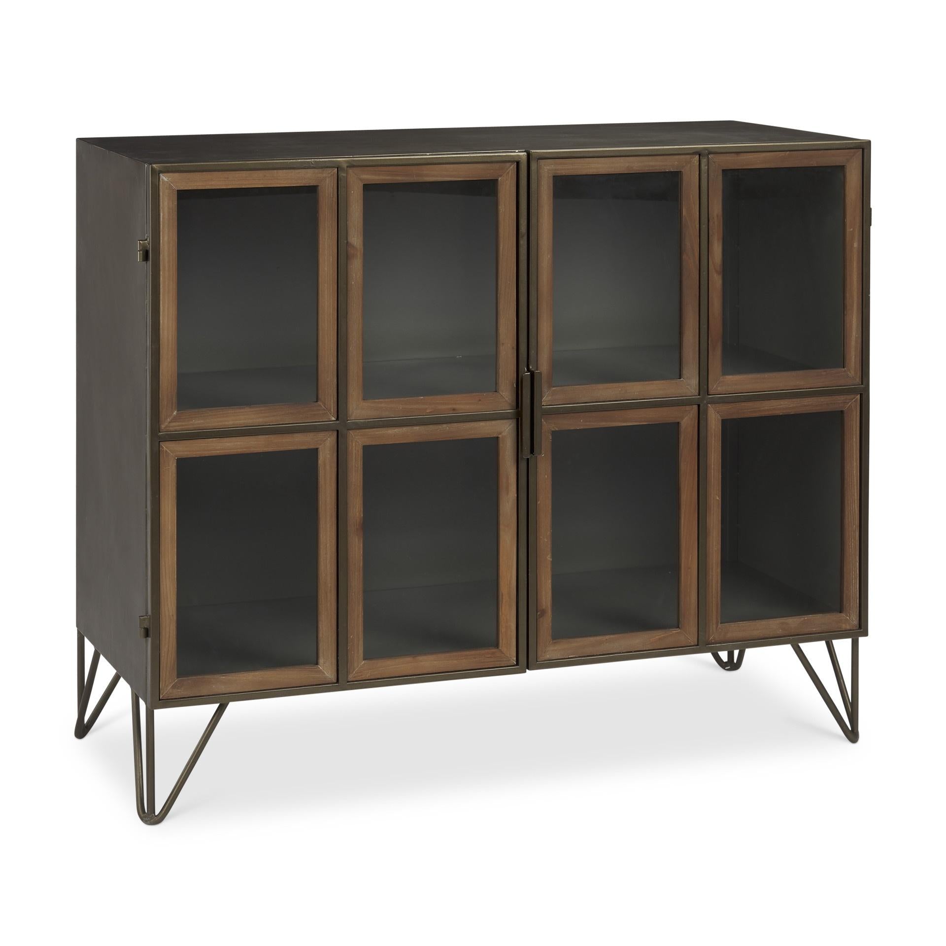 37" Antiqued Brass and Brown Metal and Solid Wood Accent Cabinet With Two Doors