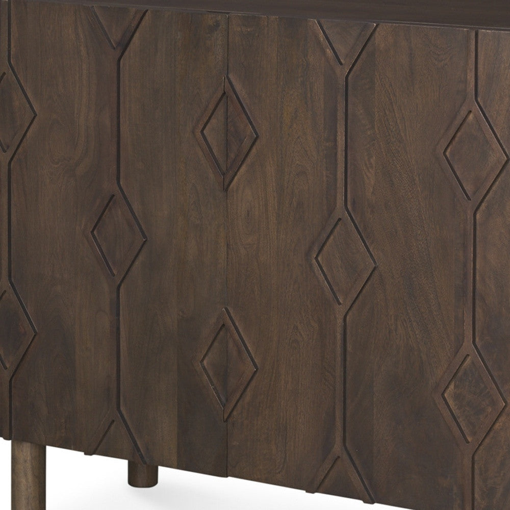 36" Dark Brown Solid Wood Carved Geometric Accent Cabinet With Two Doors