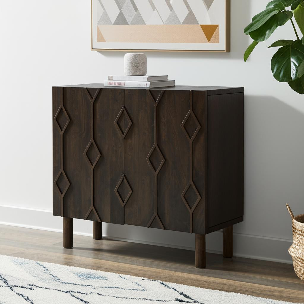 36" Dark Brown Solid Wood Carved Geometric Accent Cabinet With Two Doors