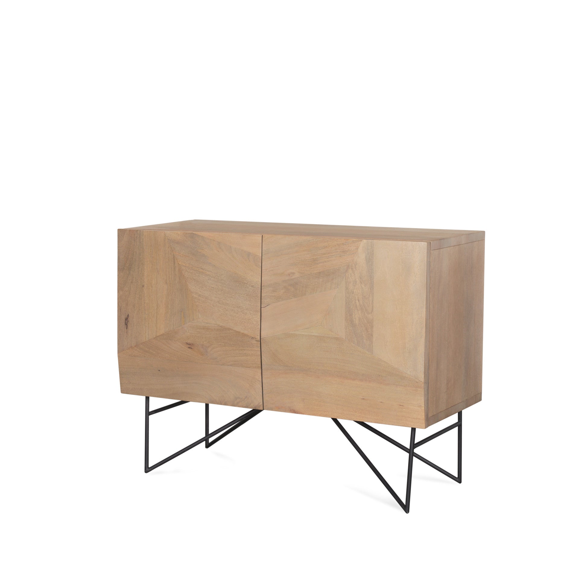 44" Natural and Black Solid Wood and Metal Carved Geometric Accent Cabinet With Two Doors