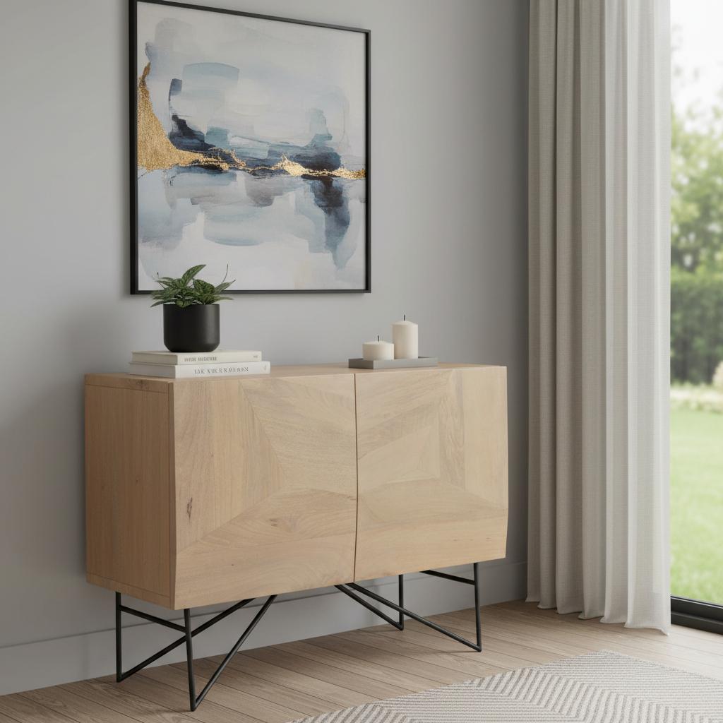 44" Natural and Black Solid Wood and Metal Carved Geometric Accent Cabinet With Two Doors