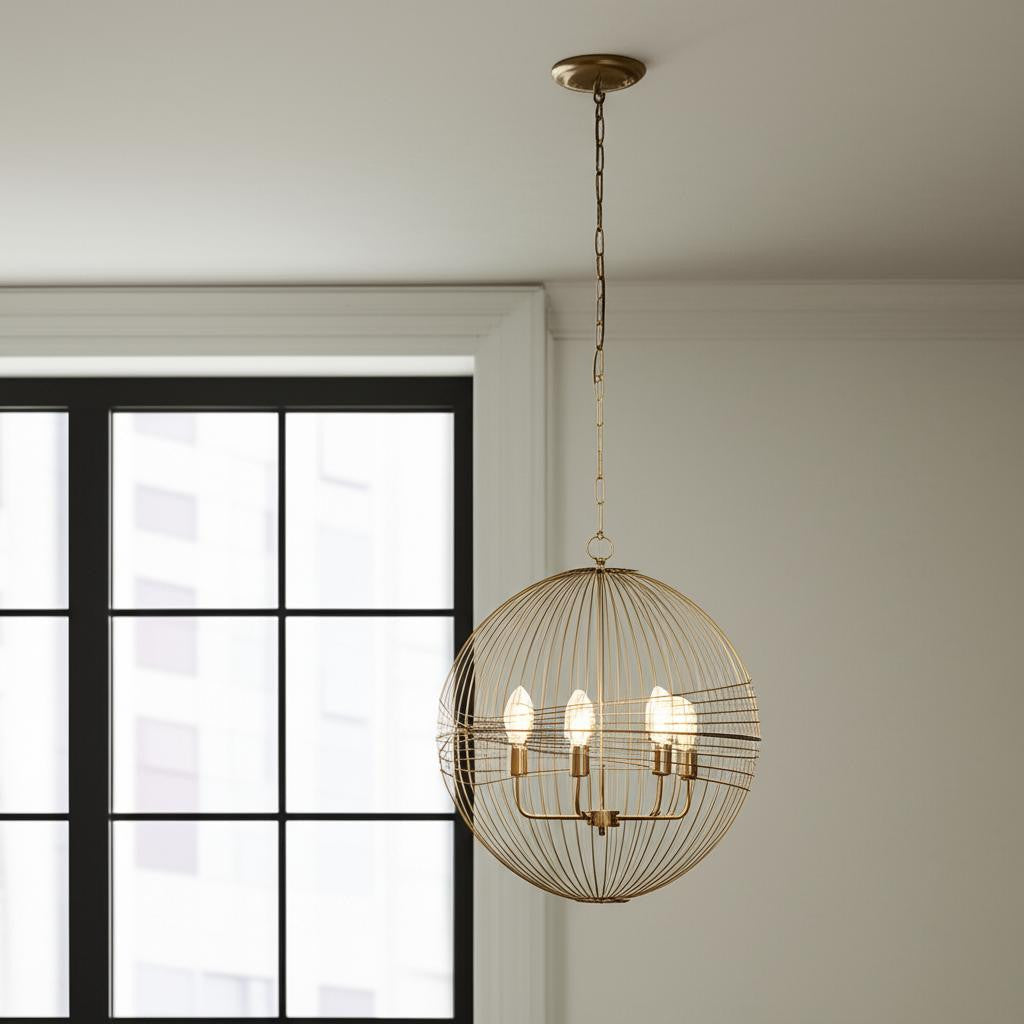 Gold Caged Six Light Metal and Glass Dimmable Chandelier With Gold Shades