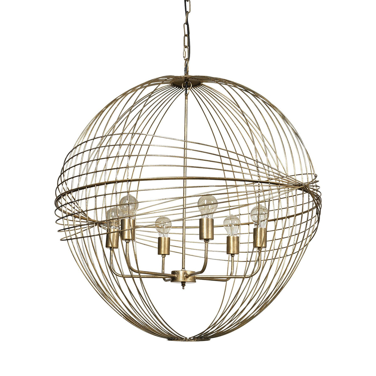 Gold Caged Six Light Metal and Glass Dimmable Chandelier With Gold Shades
