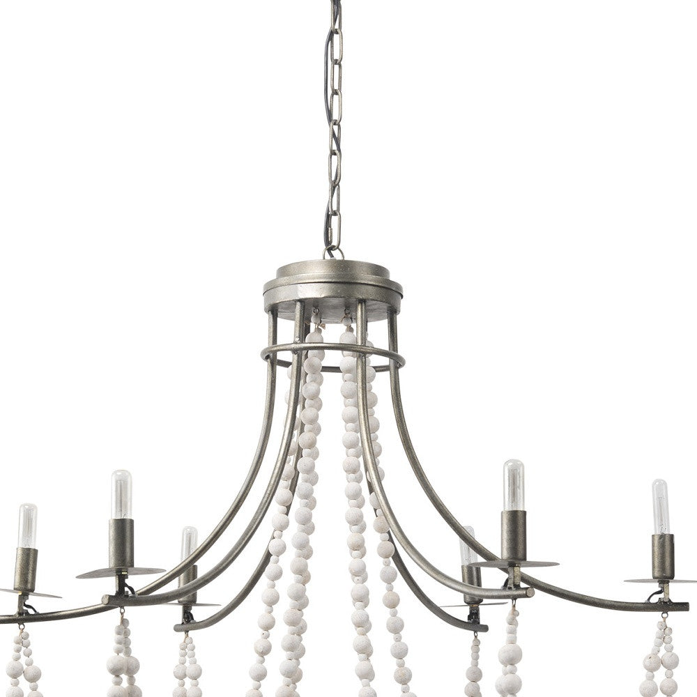 White And Silver Candle Style Six Light Metal and Beads Dimmable Chandelier