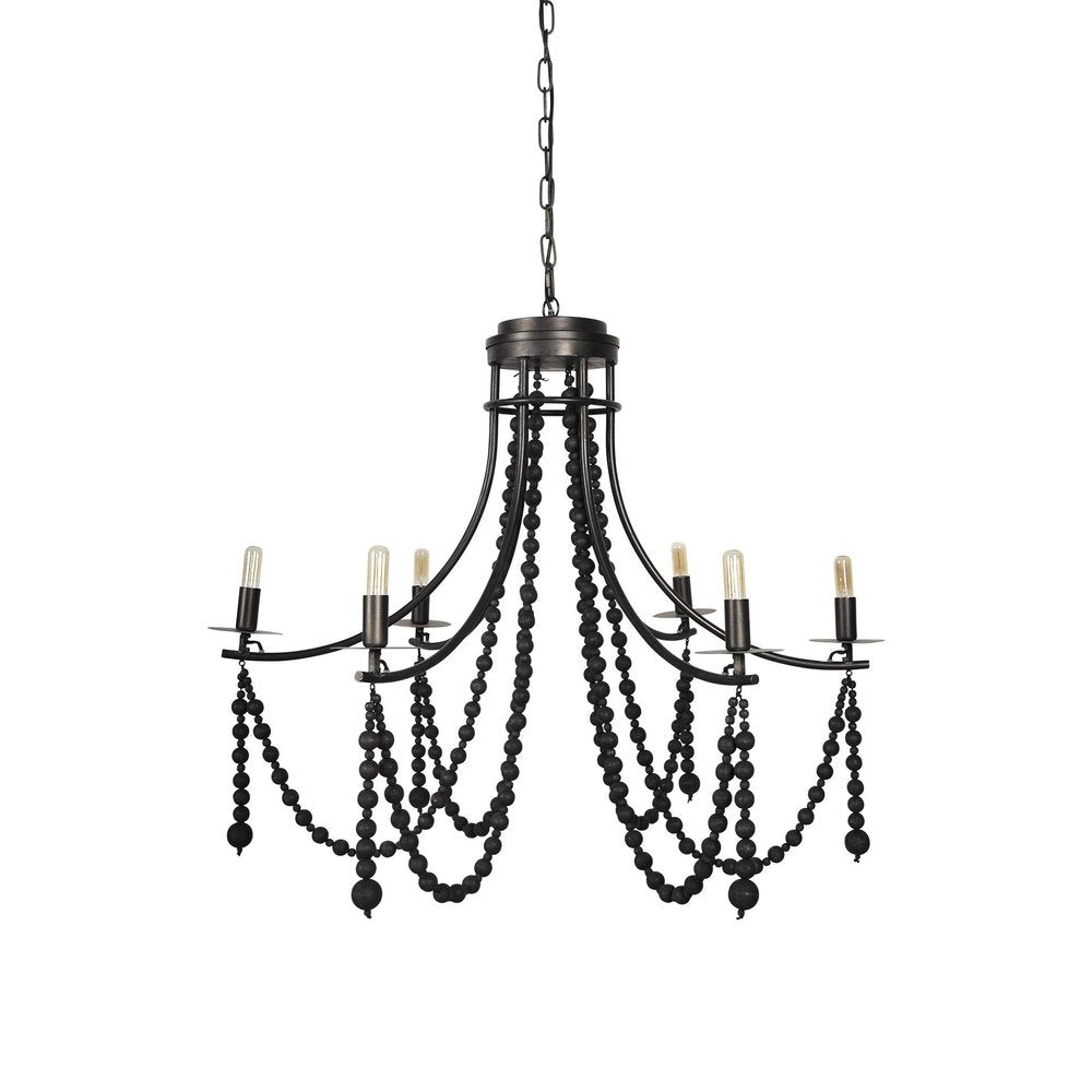 Black Candle Style Six Light Metal and Beads Dimmable Chandelier
