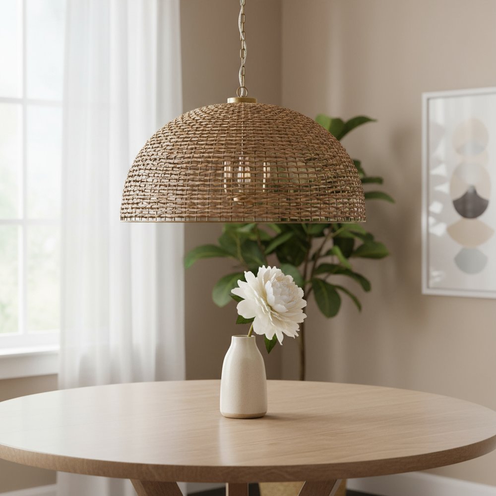 Brown Single Rattan Dimmable Ceiling Light With Brown Shades