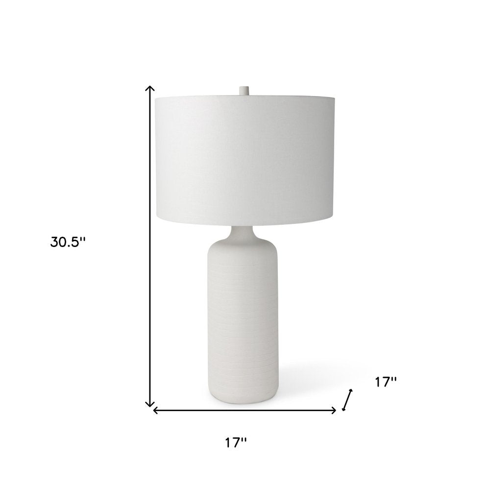 31" White Round Bedside Lamp With Drum Shade