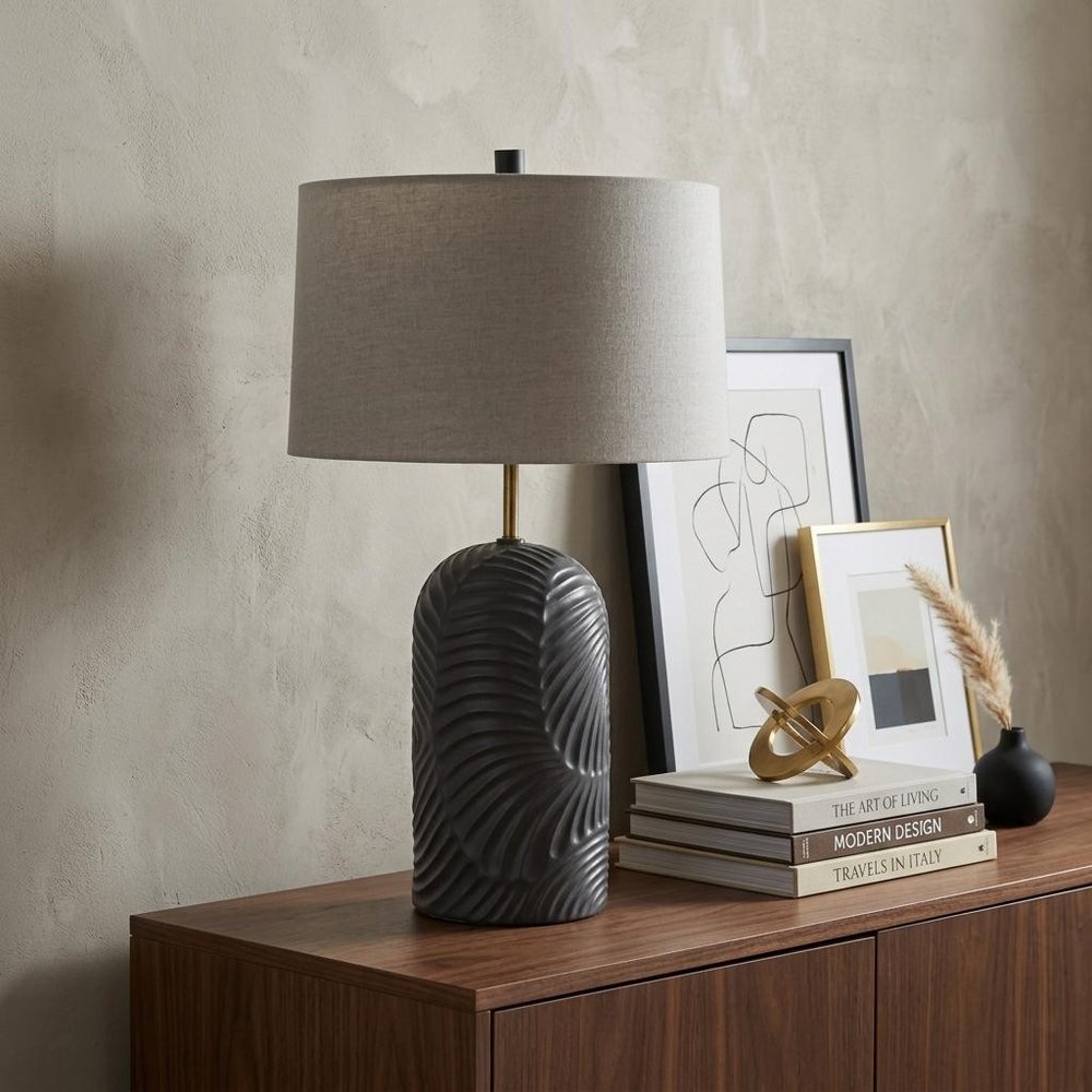 29" Navy Blue Round Bedside Lamp With Drum Shade