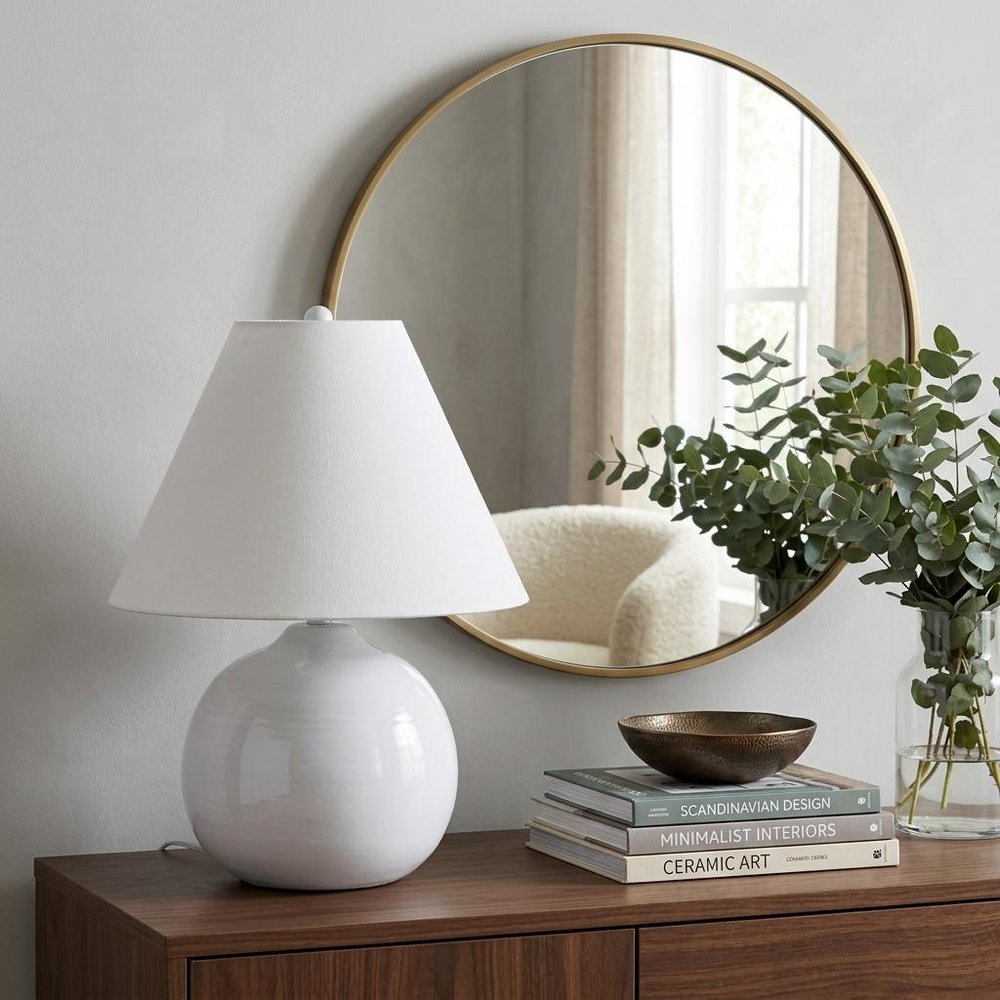 11" White Round Bedside Lamp With Empire Shade