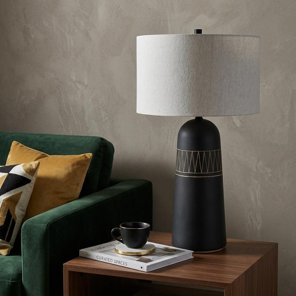 30" Black Round Bedside Lamp With Drum Shade