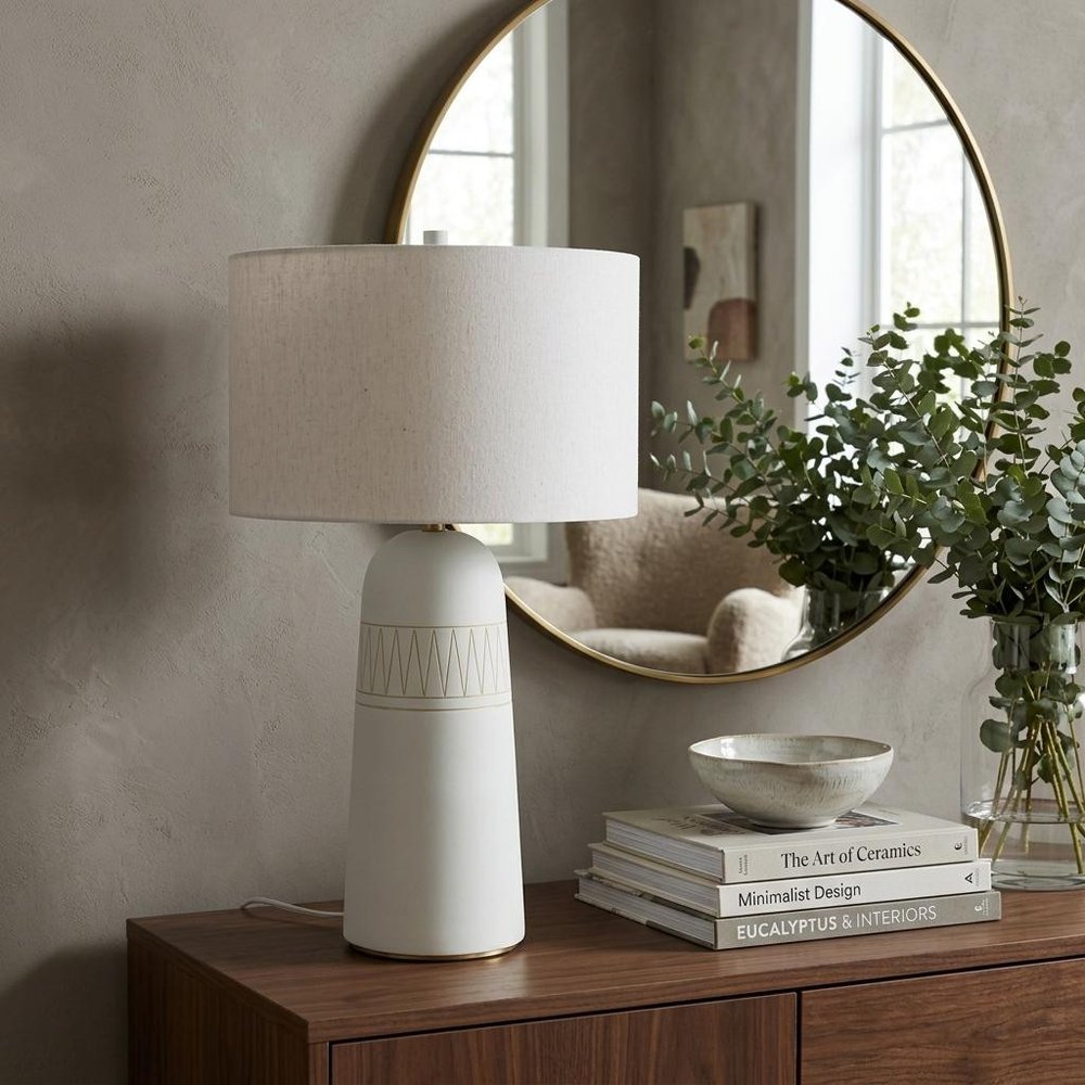 30" Cream Round Bedside Lamp With Drum Shade