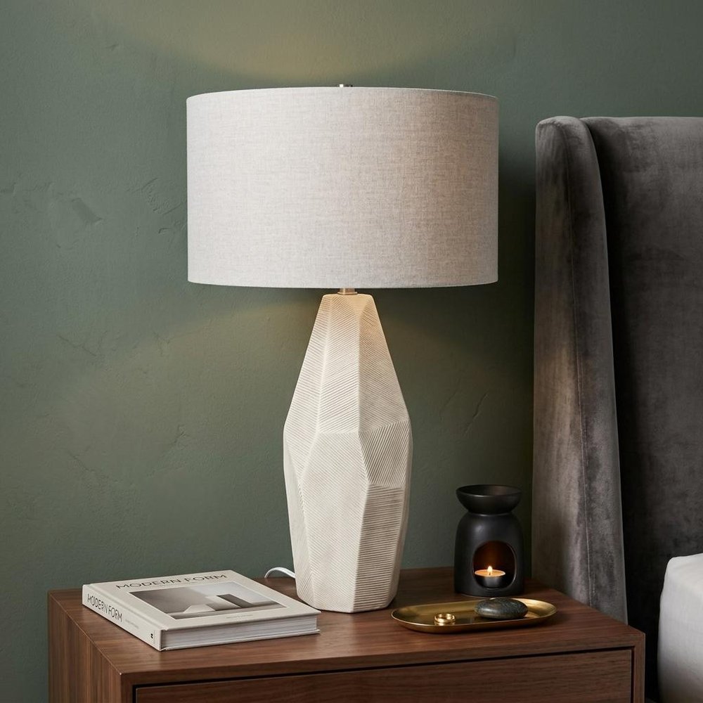 30" Cream Round Bedside Lamp With Drum Shade