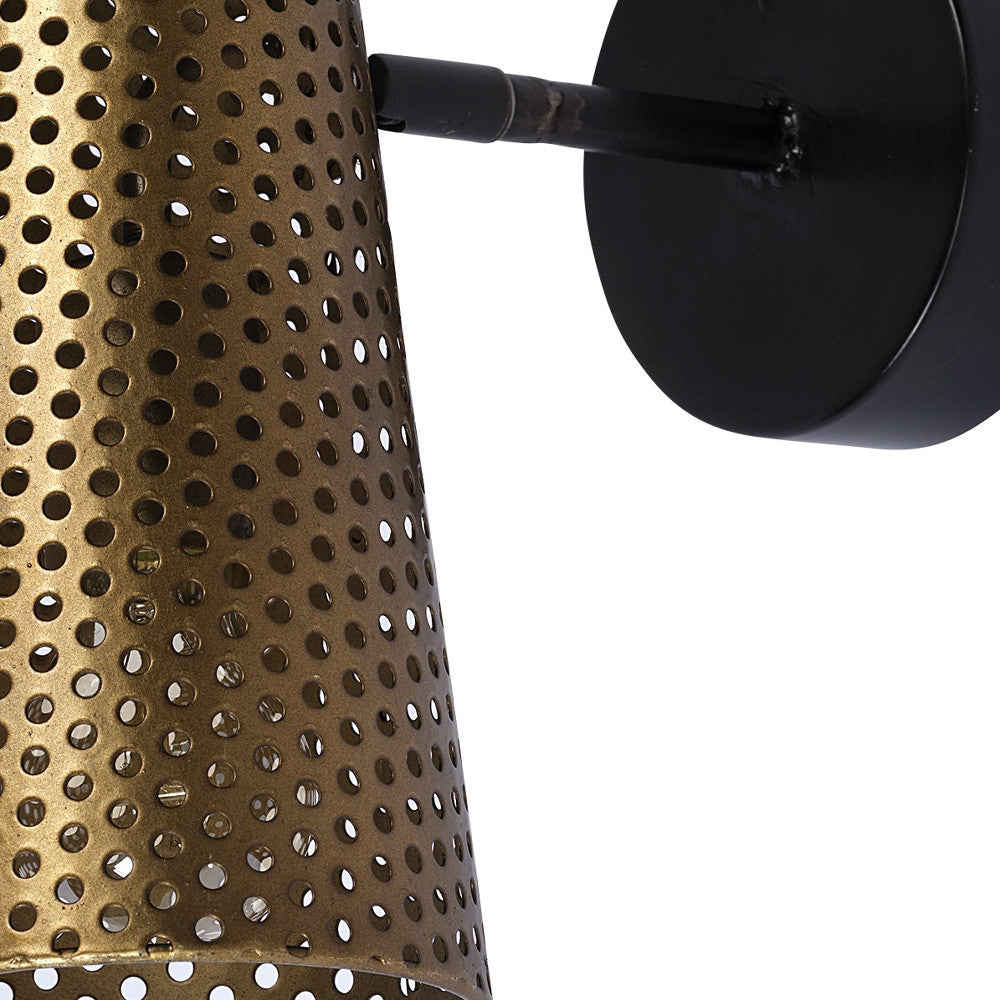 10" Antiqued Gold And Black Metal Pierced Cone Armed Sconce