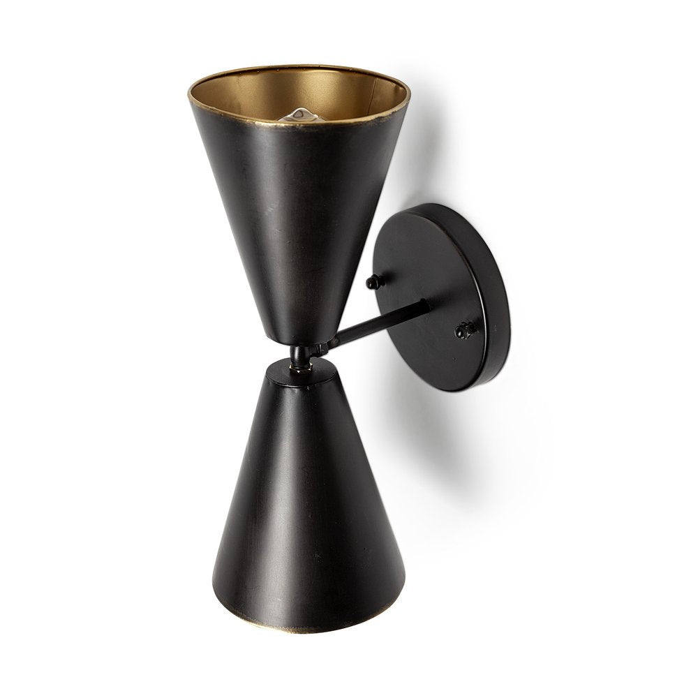 Black And Gold Metal Double Cone Two Light Armed Sconce