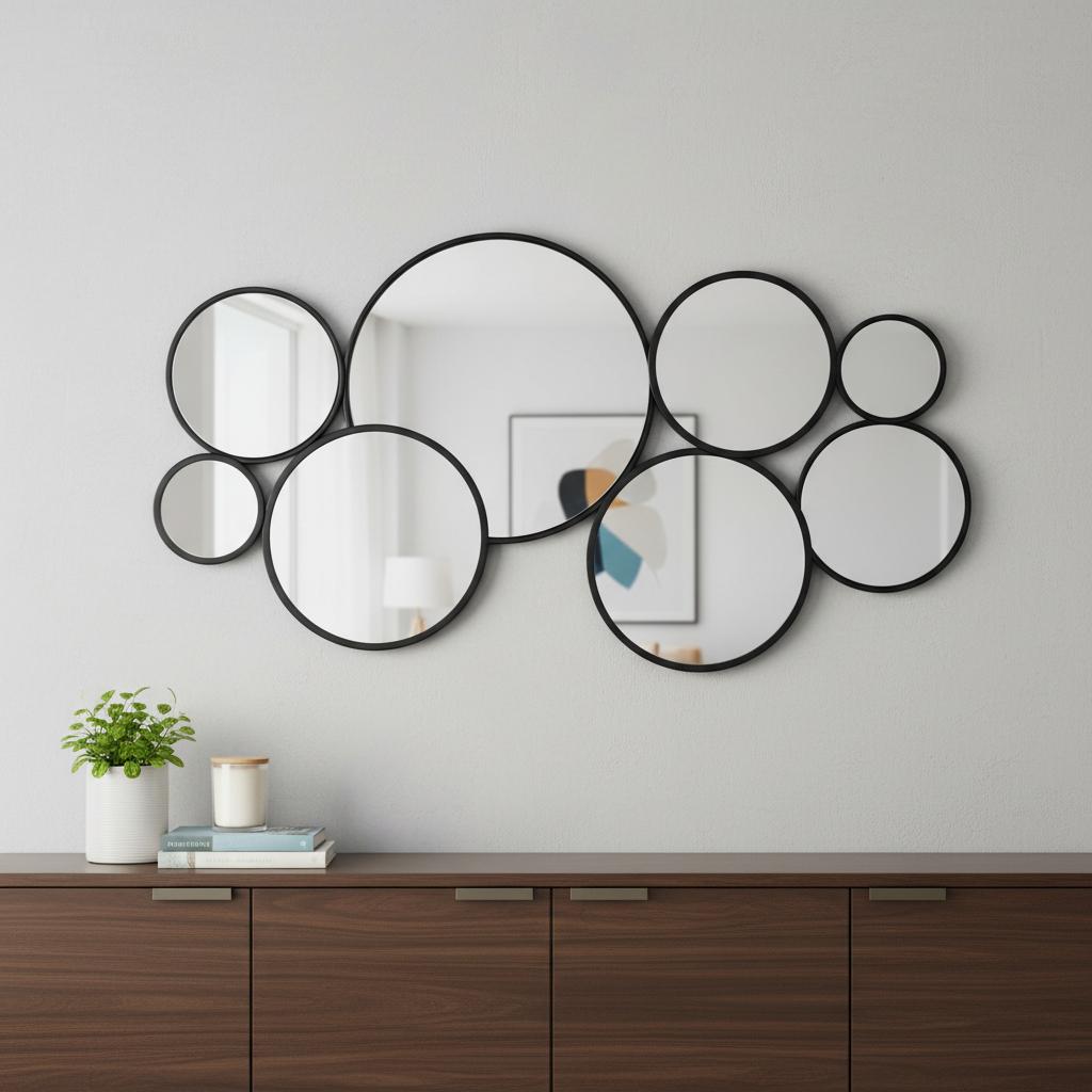Set Of Eight Black Metal Round Cojoined Accent Mirrors