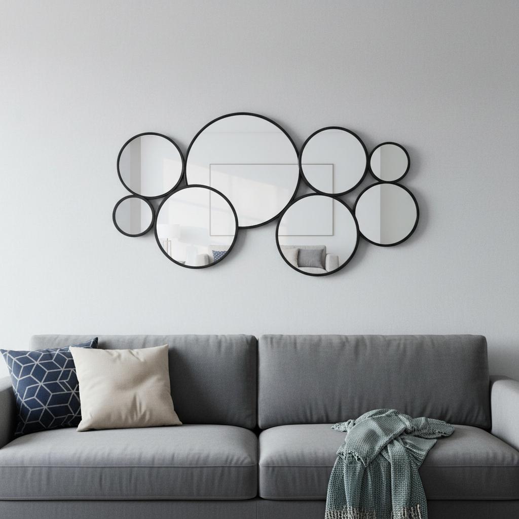 Set Of Eight Black Metal Round Cojoined Accent Mirrors