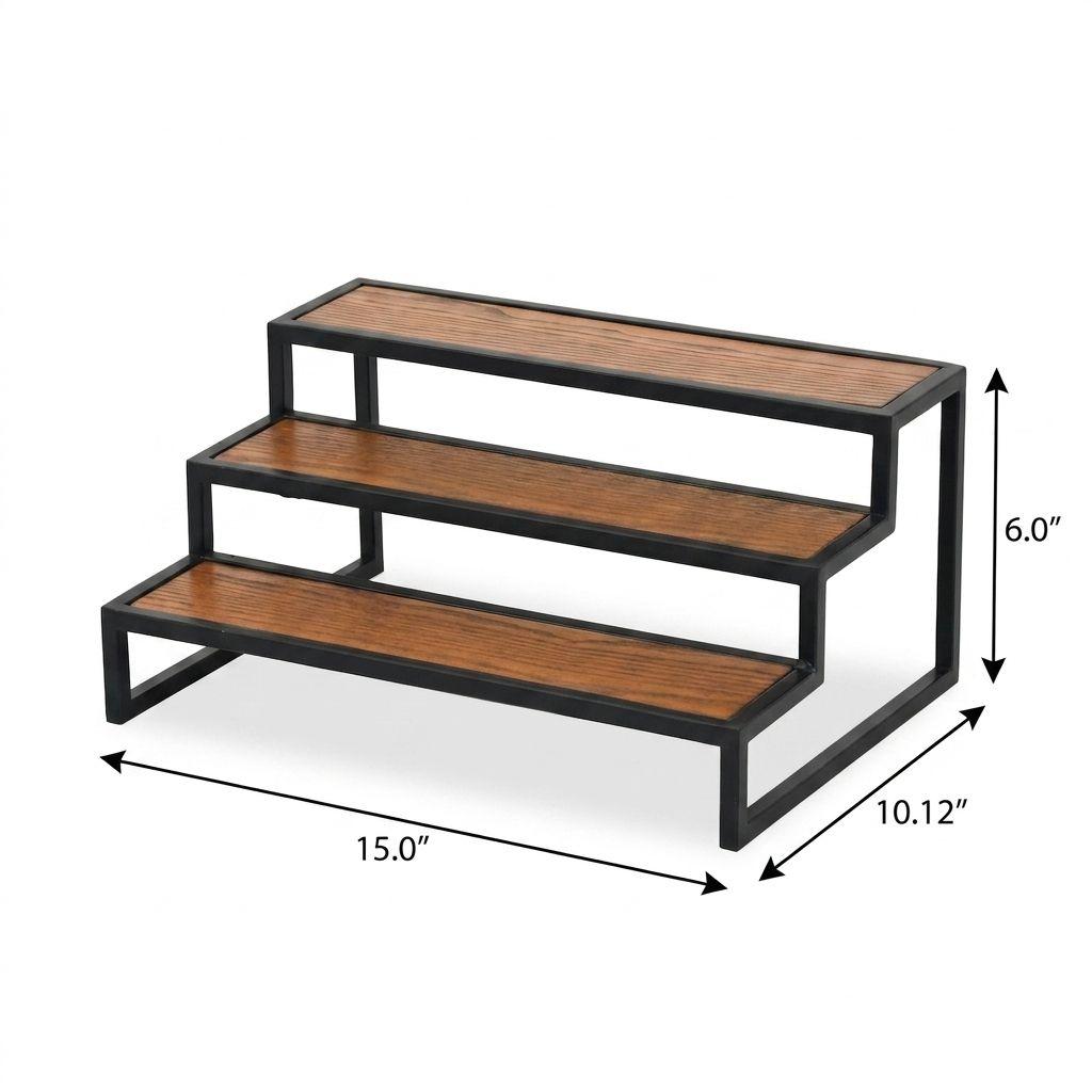 15" Black And Brown Metal And Solid Wood Handmade Three Tier Tray