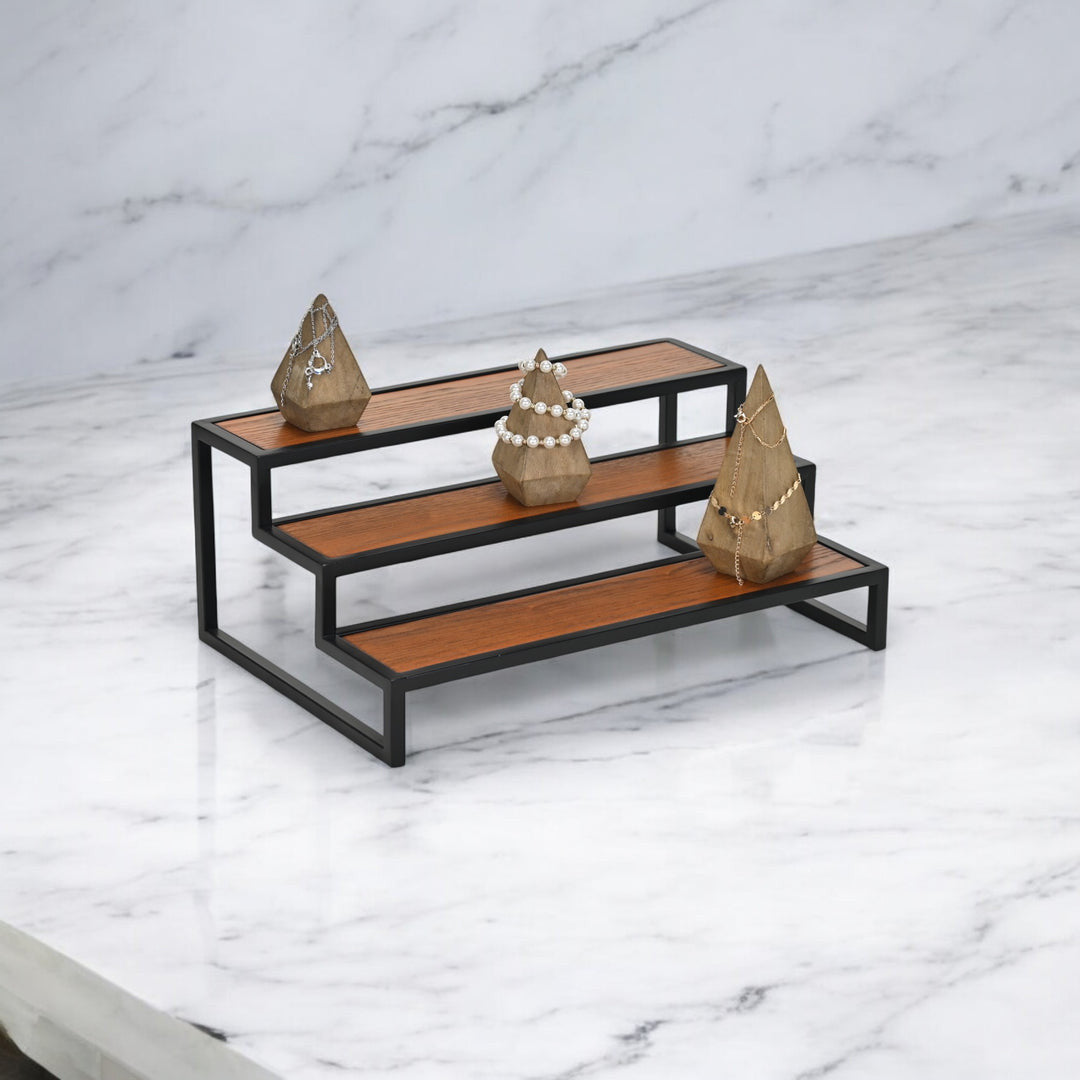 15" Black And Brown Metal And Solid Wood Handmade Three Tier Tray