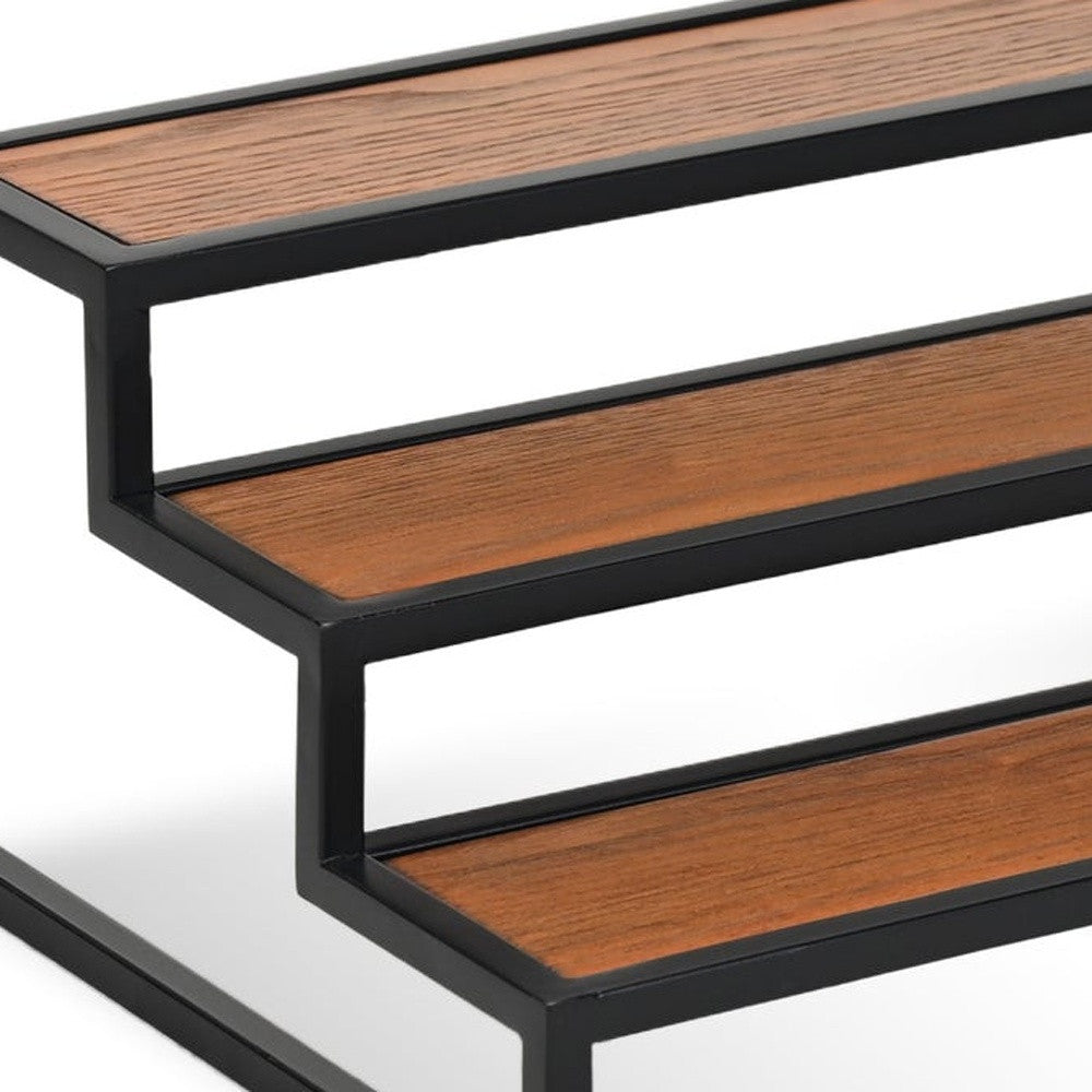 15" Black And Brown Metal And Solid Wood Handmade Three Tier Tray