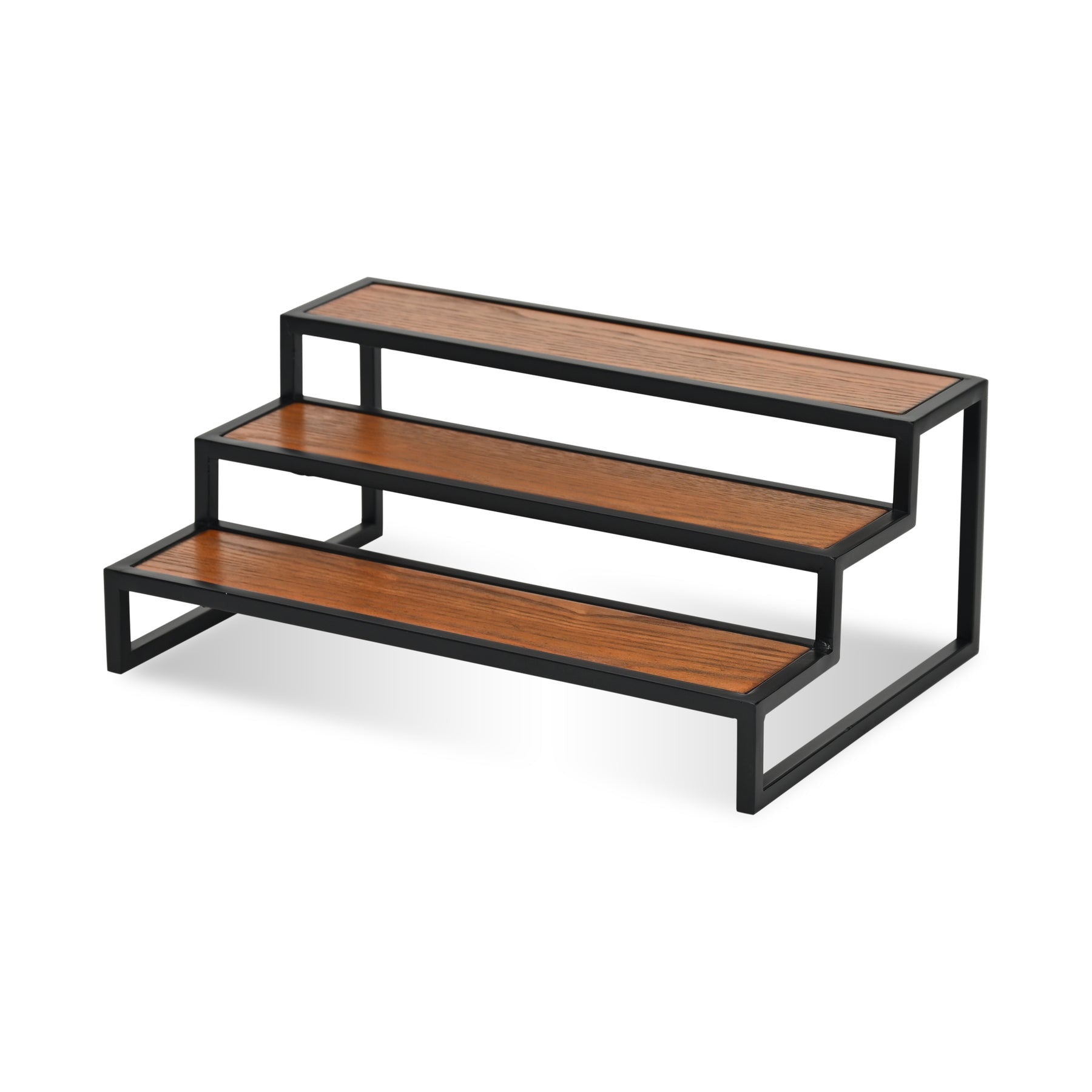 15" Black And Brown Metal And Solid Wood Handmade Three Tier Tray