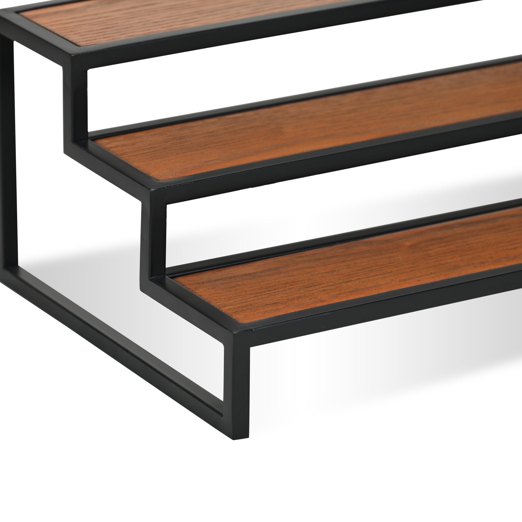 15" Black And Brown Metal And Solid Wood Handmade Three Tier Tray