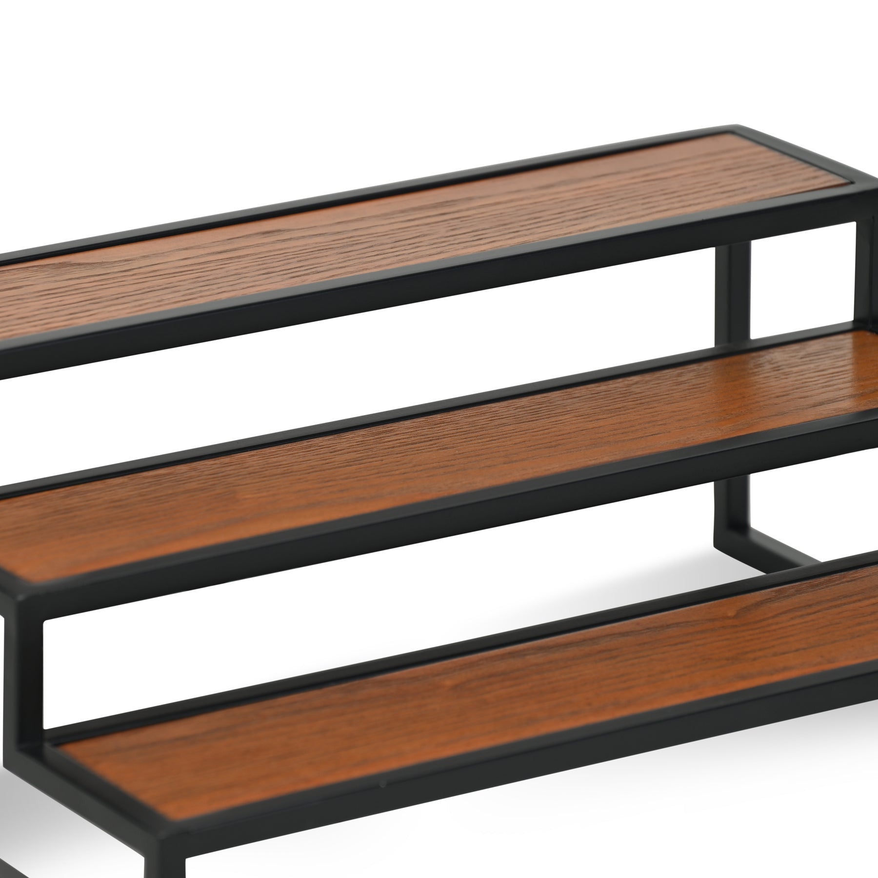 15" Black And Brown Metal And Solid Wood Handmade Three Tier Tray