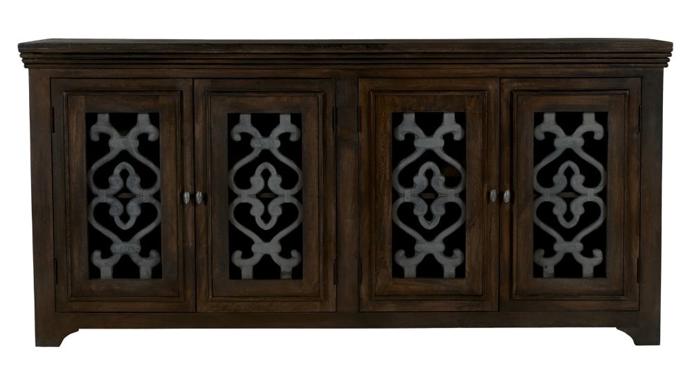76" Brown Distressed Solid Wood Sideboard Soft Close with Four Glass Doors