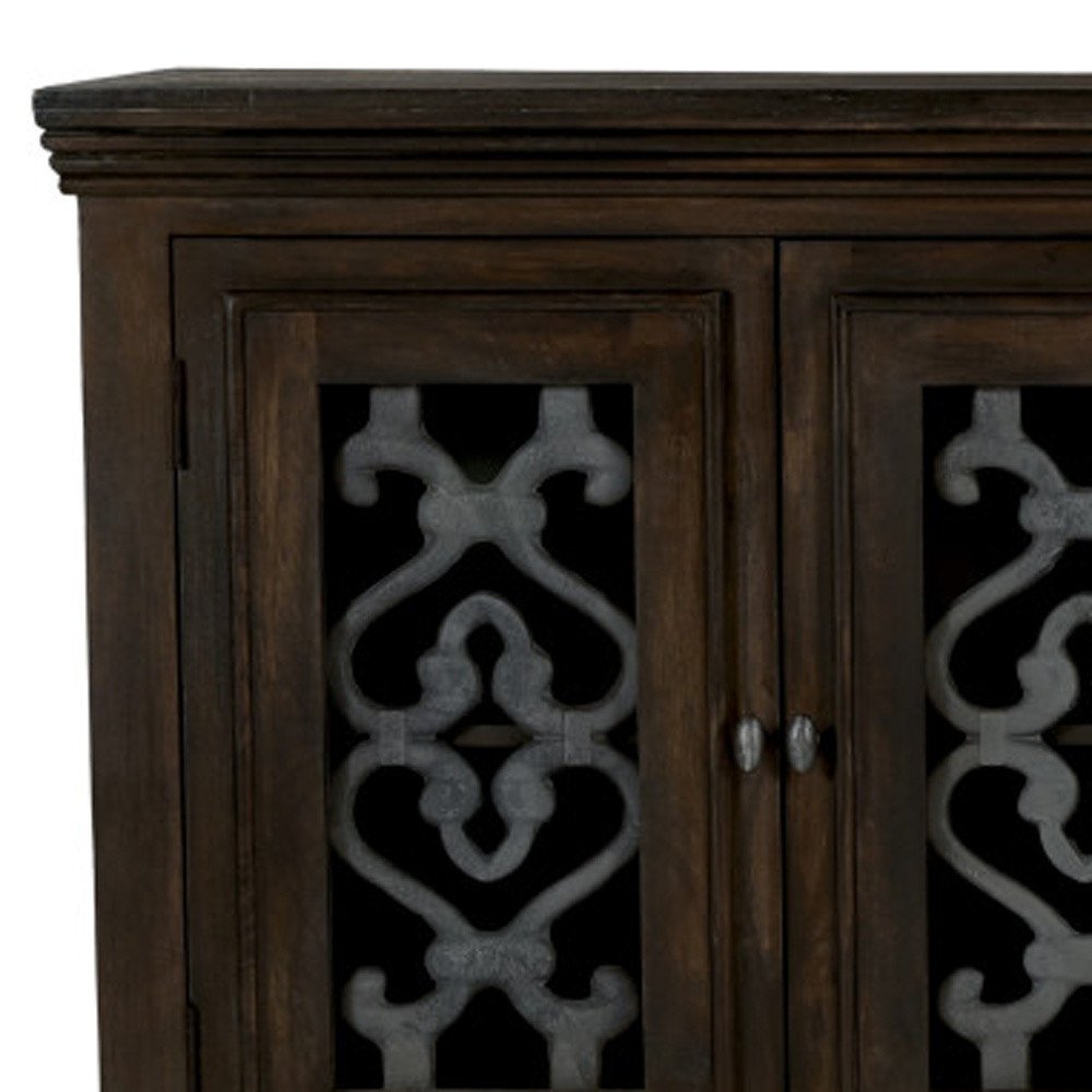 76" Brown Distressed Solid Wood Sideboard Soft Close with Four Glass Doors