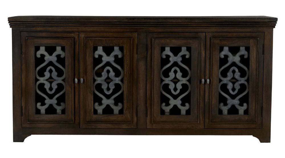 76" Brown Distressed Solid Wood Sideboard Soft Close with Four Glass Doors