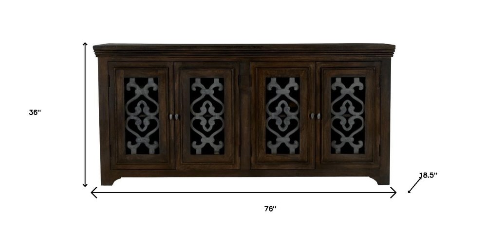76" Brown Distressed Solid Wood Sideboard Soft Close with Four Glass Doors