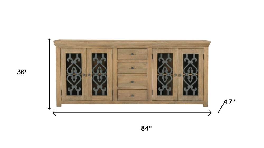 84" Natural Distressed Solid Wood Four Drawer Sideboard Soft Close with Four Glass Doors