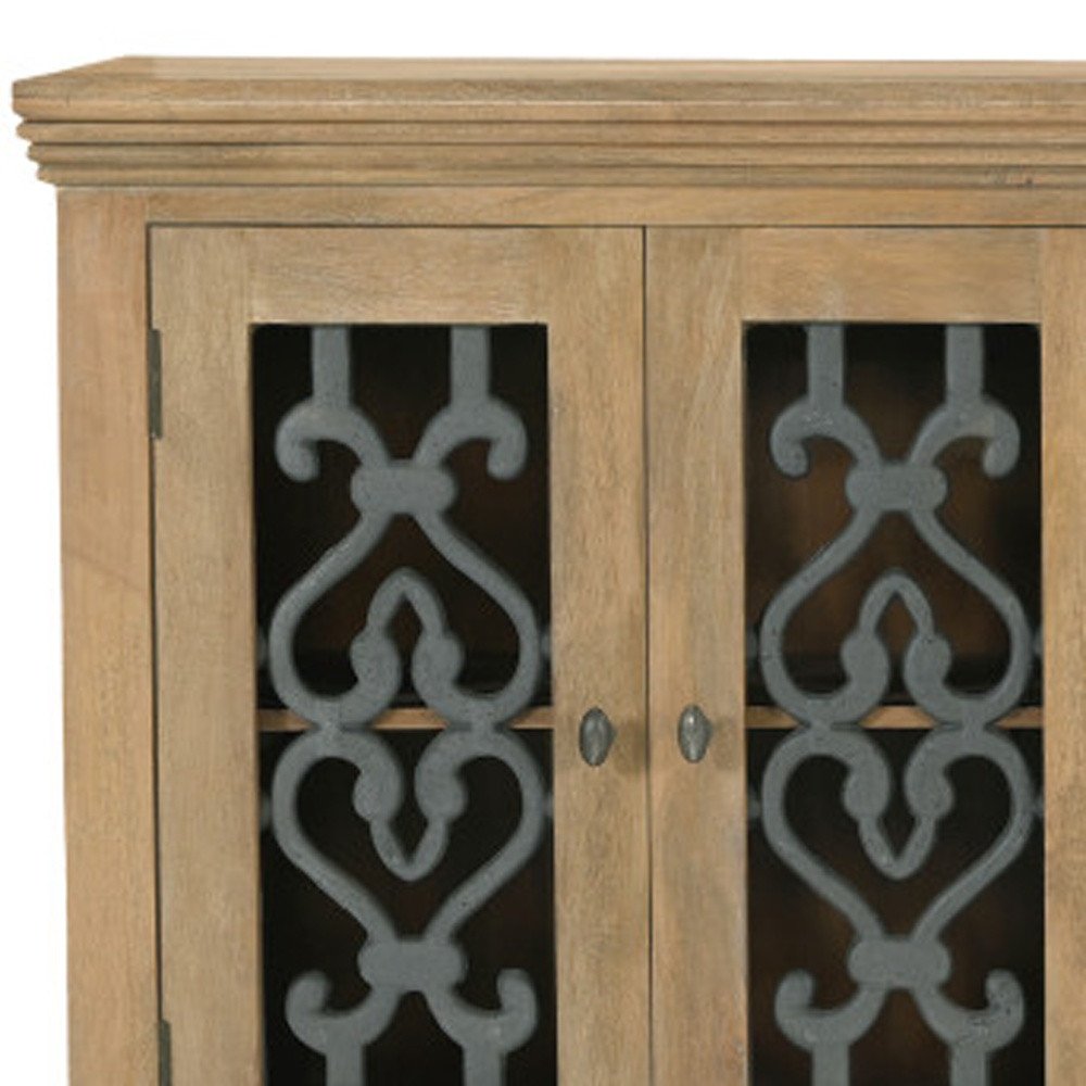84" Natural Distressed Solid Wood Four Drawer Sideboard Soft Close with Four Glass Doors