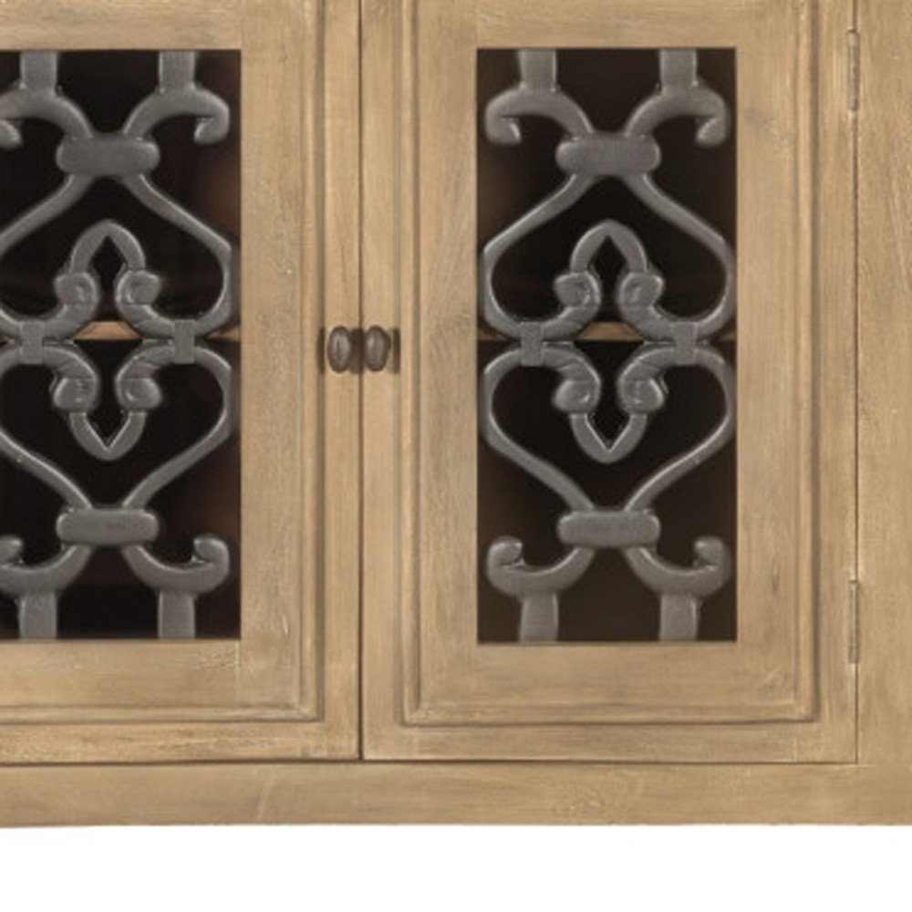 76" Natural Distressed Solid Wood Sideboard Soft Close with Four Glass Doors
