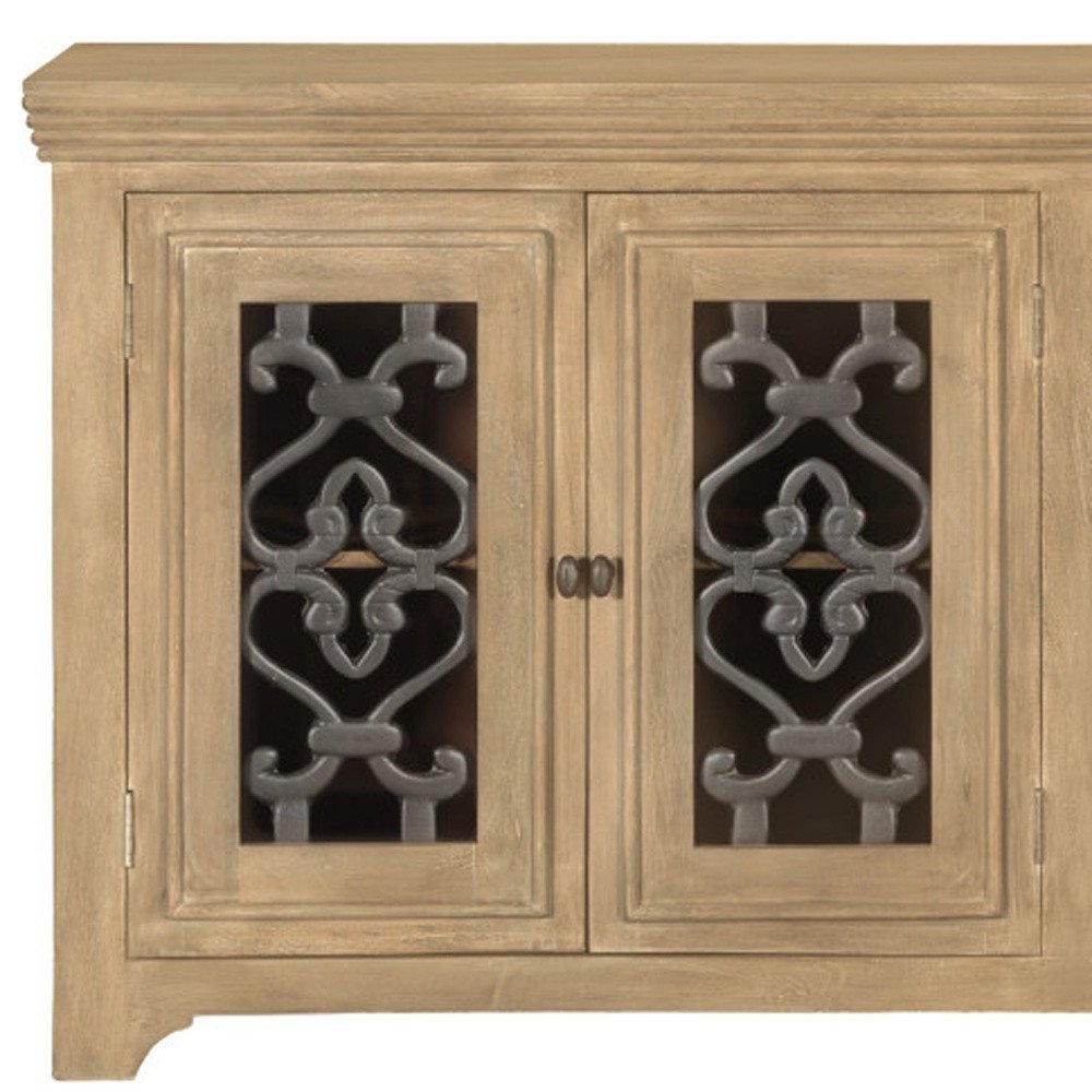 76" Natural Distressed Solid Wood Sideboard Soft Close with Four Glass Doors
